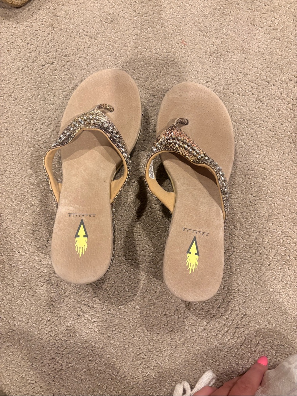 Volatile Beige Thong Sandals with Sparkling Multi-Tone Straps